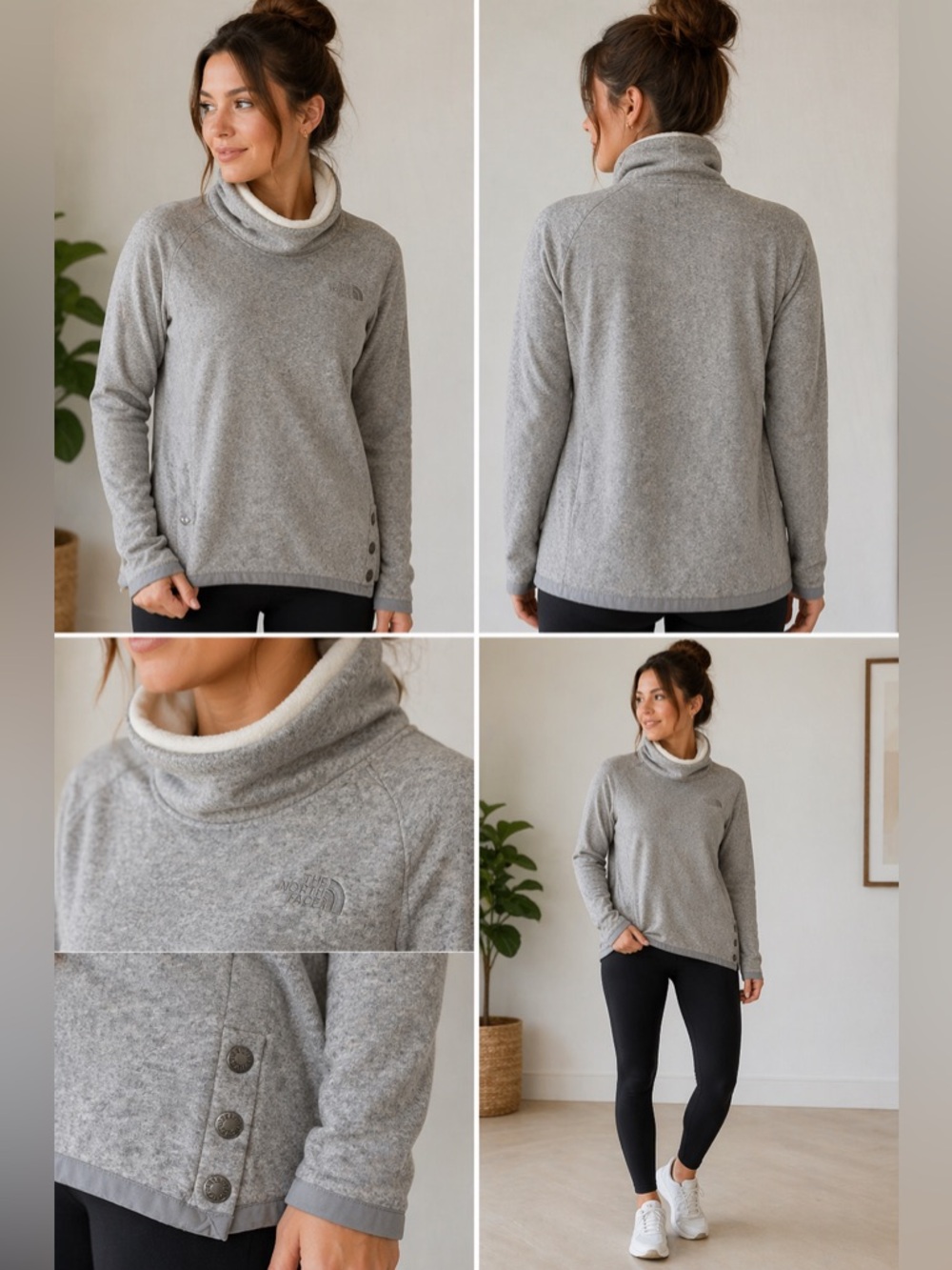 The North Face Gray Cowl Neck Fleece Pullover Women’s Large Cozy Button Detail